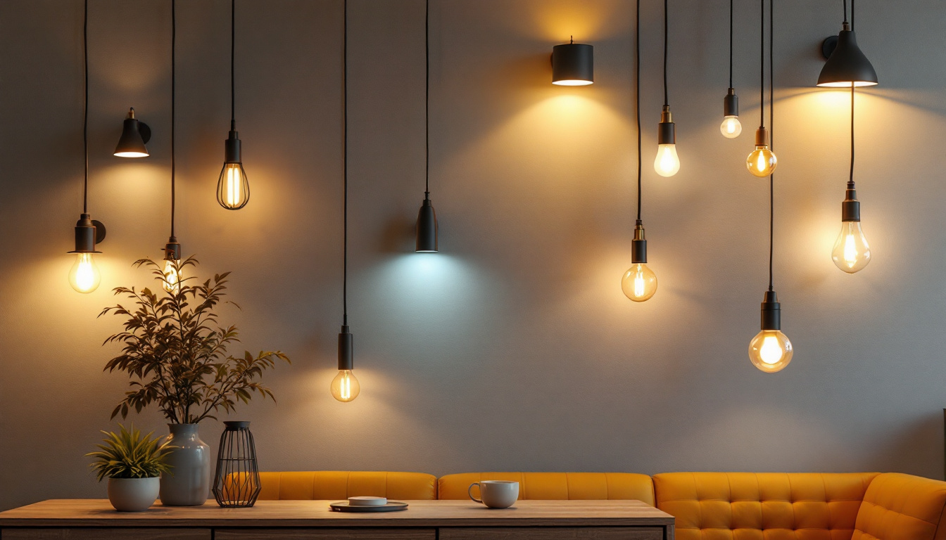 A photograph of a stylish wall adorned with various types of lighting fixtures