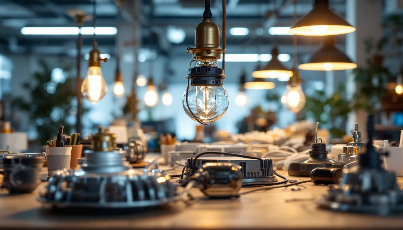 A photograph of a well-lit workspace featuring various types of ballasts and lighting fixtures