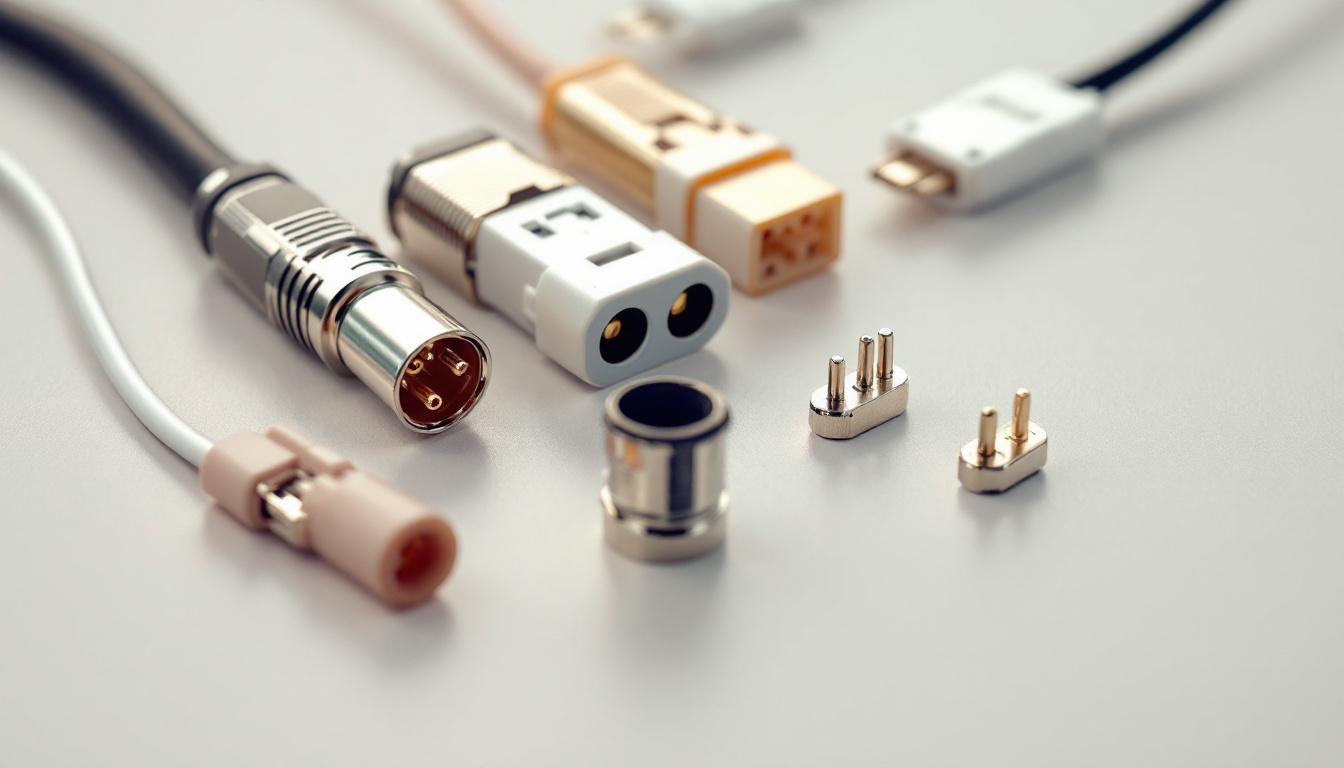 A photograph of a close-up shot of various types of 2 wire electrical connectors arranged on a clean