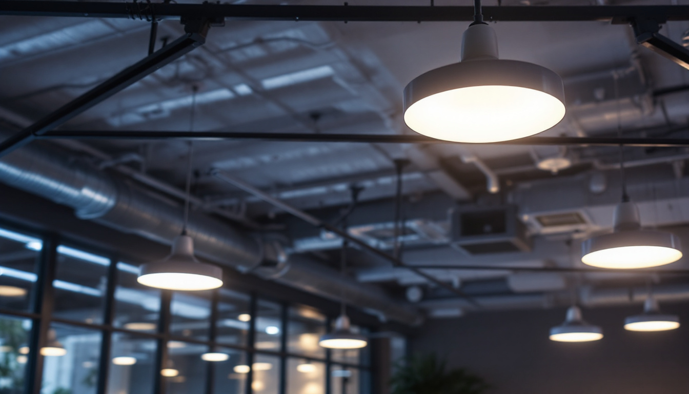 A photograph of a well-lit drop ceiling installation featuring sleek led light fixtures