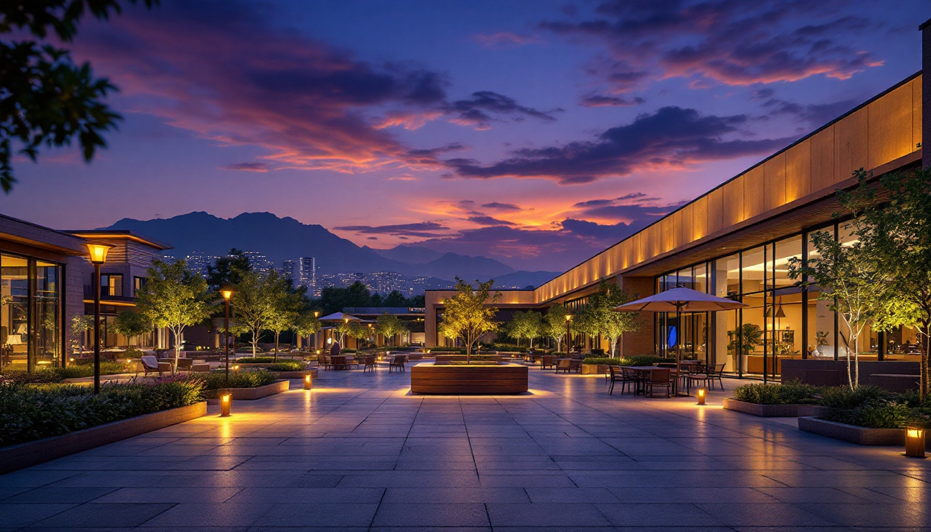 A photograph of a beautifully illuminated outdoor space featuring various types of building lights