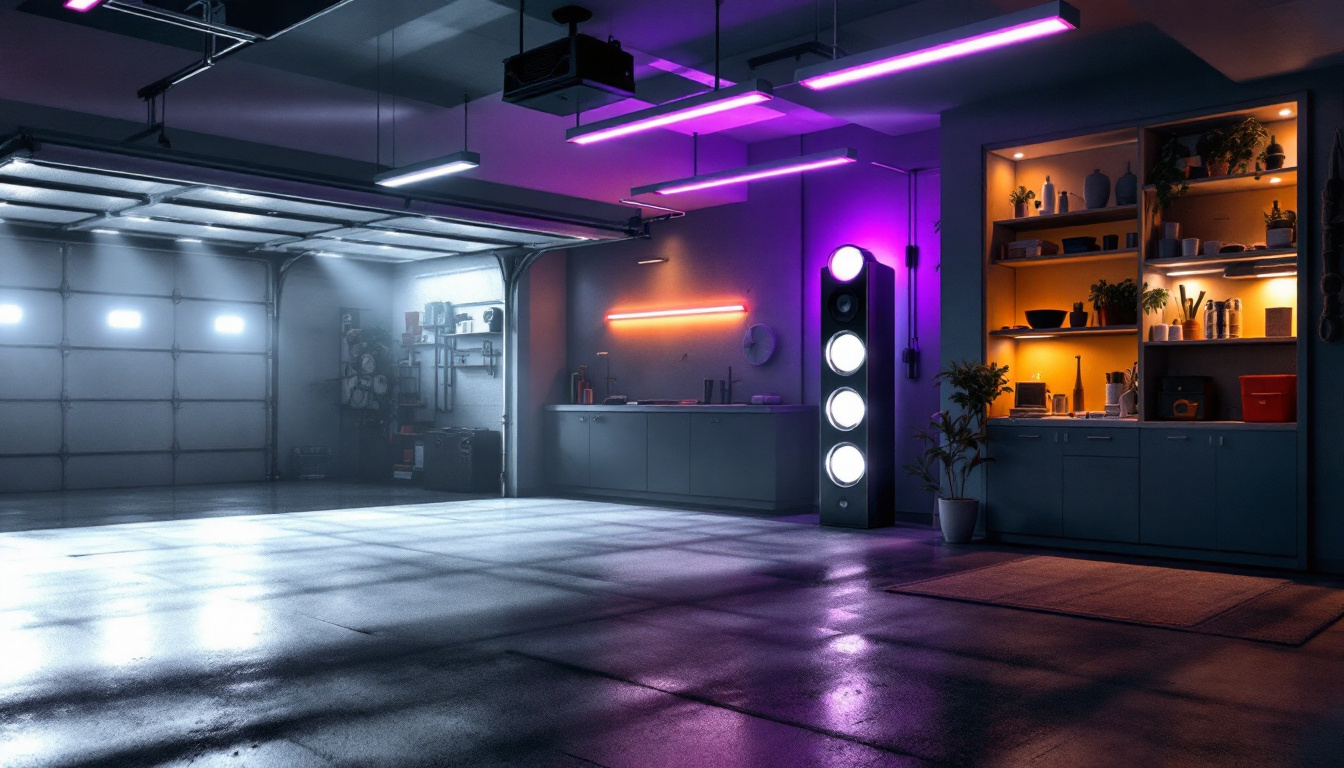 A photograph of a well-lit garage showcasing a variety of stylish led lighting setups