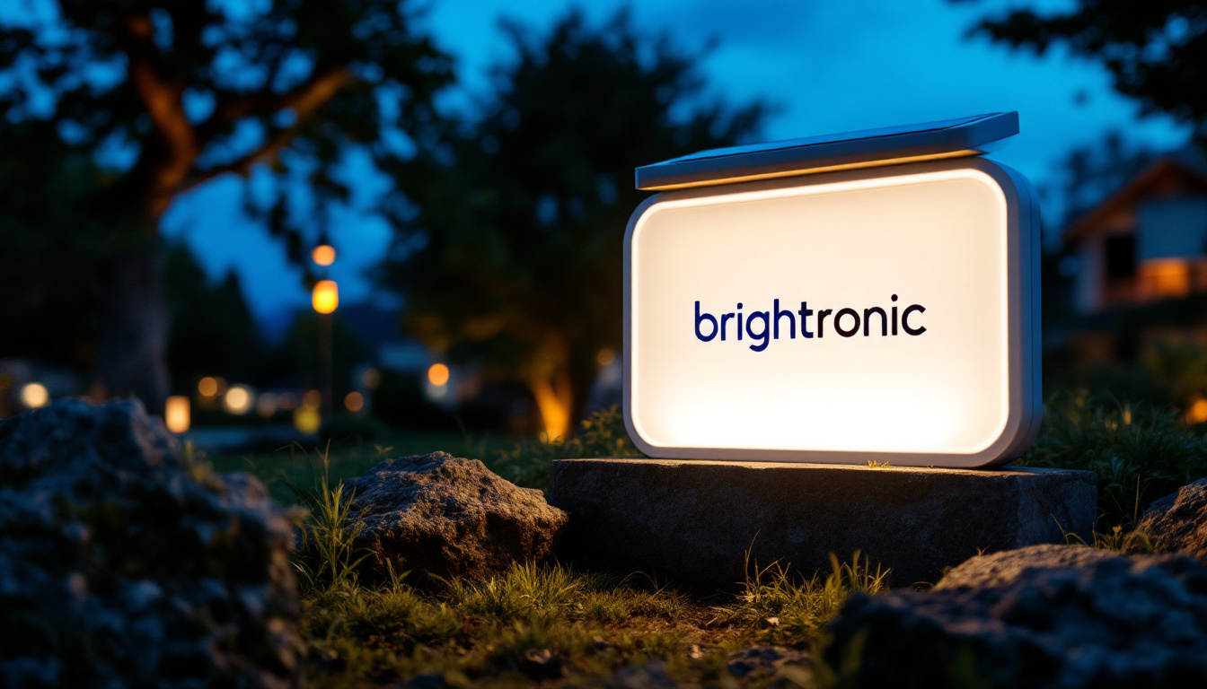 A photograph of a brightronic solar sign light illuminated at dusk