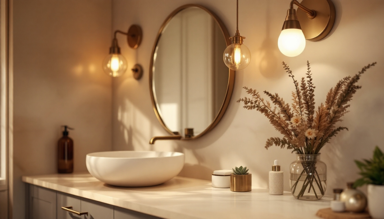 A photograph of a beautifully styled bathroom or vanity space featuring a variety of elegant vanity light fixtures