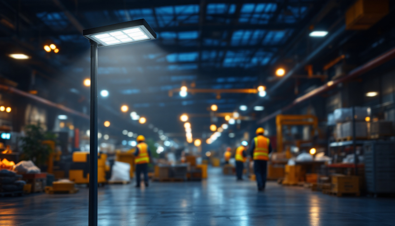 A photograph of a modern solar light post illuminating a bustling industrial or commercial space