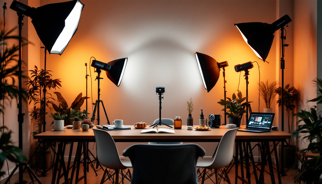 A photograph of a beautifully arranged lighting setup that showcases a variety of lighting supplies in use