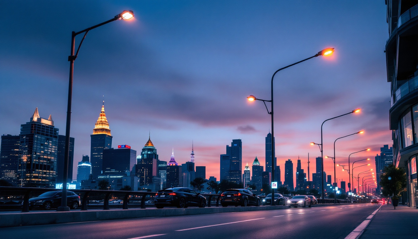 A photograph of a well-lit urban street scene featuring a variety of light poles at different heights