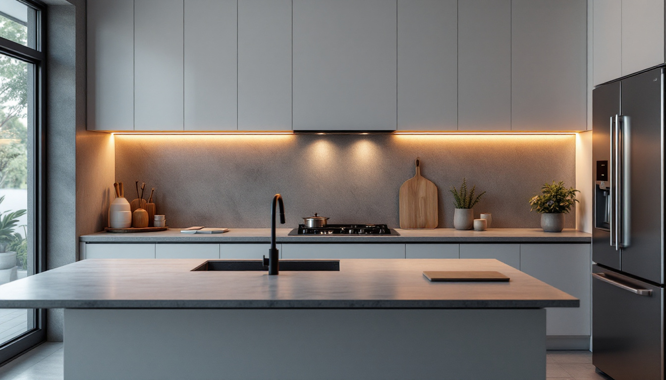 A photograph of a modern kitchen featuring sleek under cabinet led lighting that highlights smart technology appliances