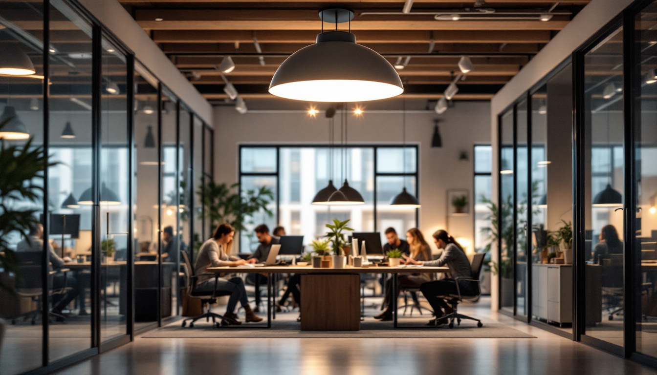 A photograph of a modern office space featuring a stylish semi-flush mount light fixture that illuminates a collaborative workspace