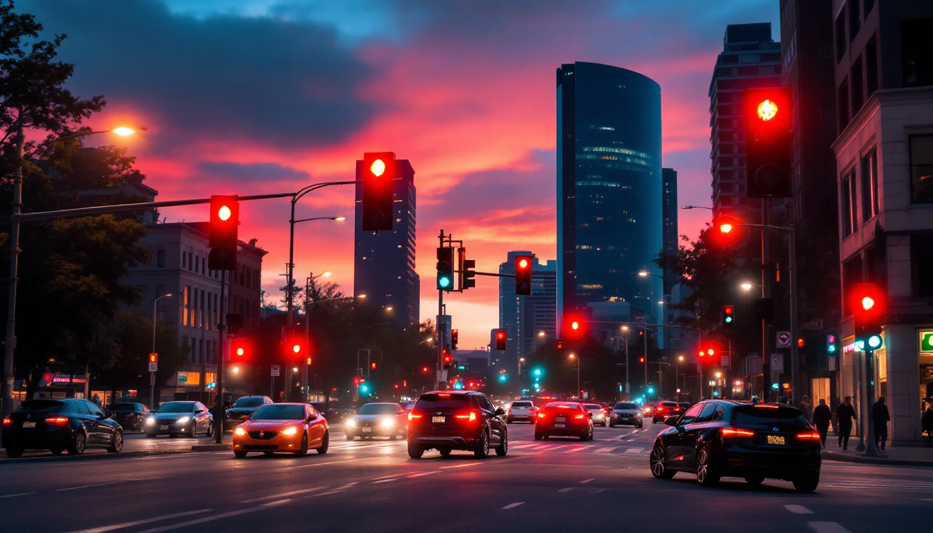 A photograph of capture a photograph of a vibrant city intersection at dusk