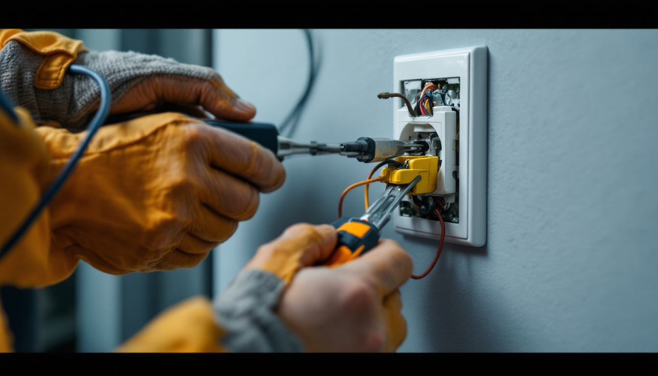 A photograph of a close-up view of an electrician replacing an electrical outlet