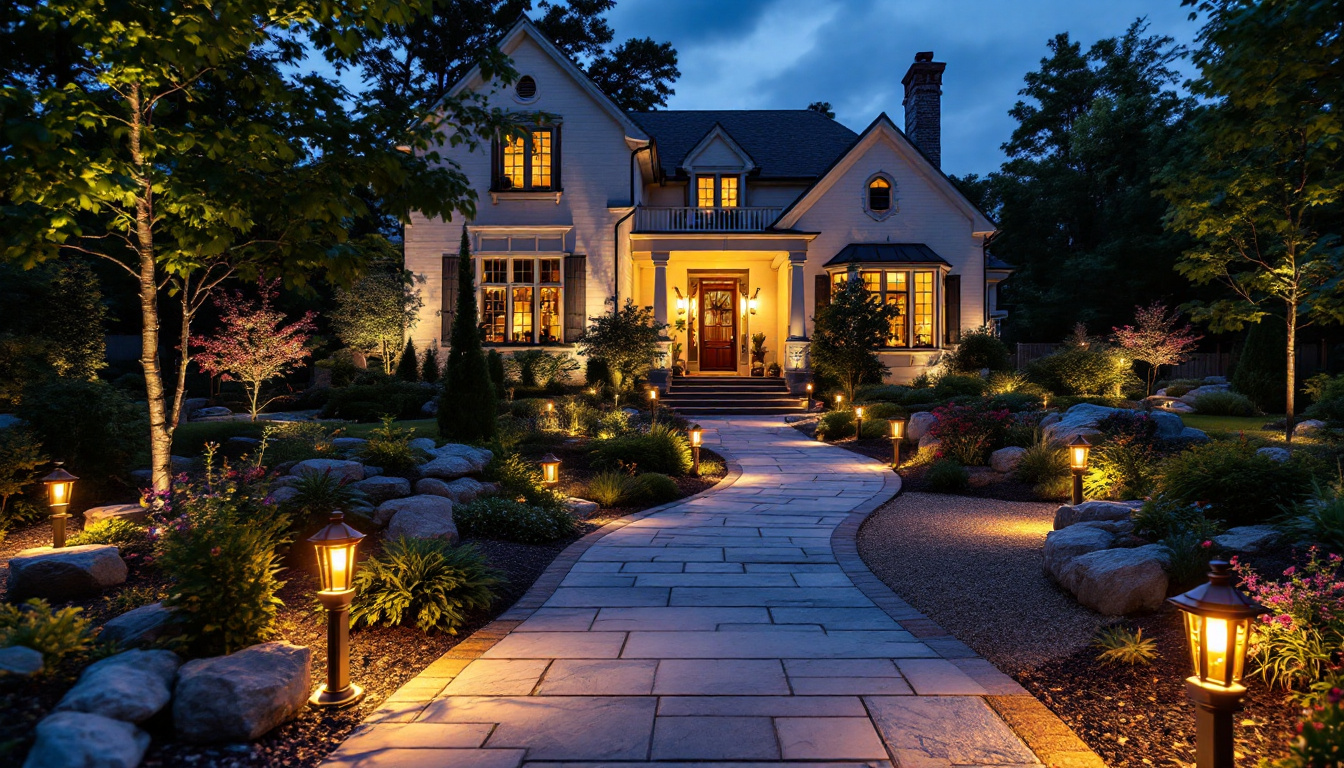 A photograph of a beautifully landscaped front yard featuring a variety of stylish outdoor lights illuminating pathways