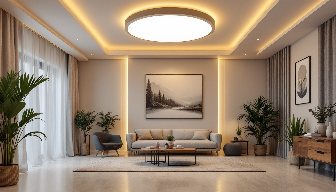 A photograph of a beautifully designed room featuring a flat round led ceiling light