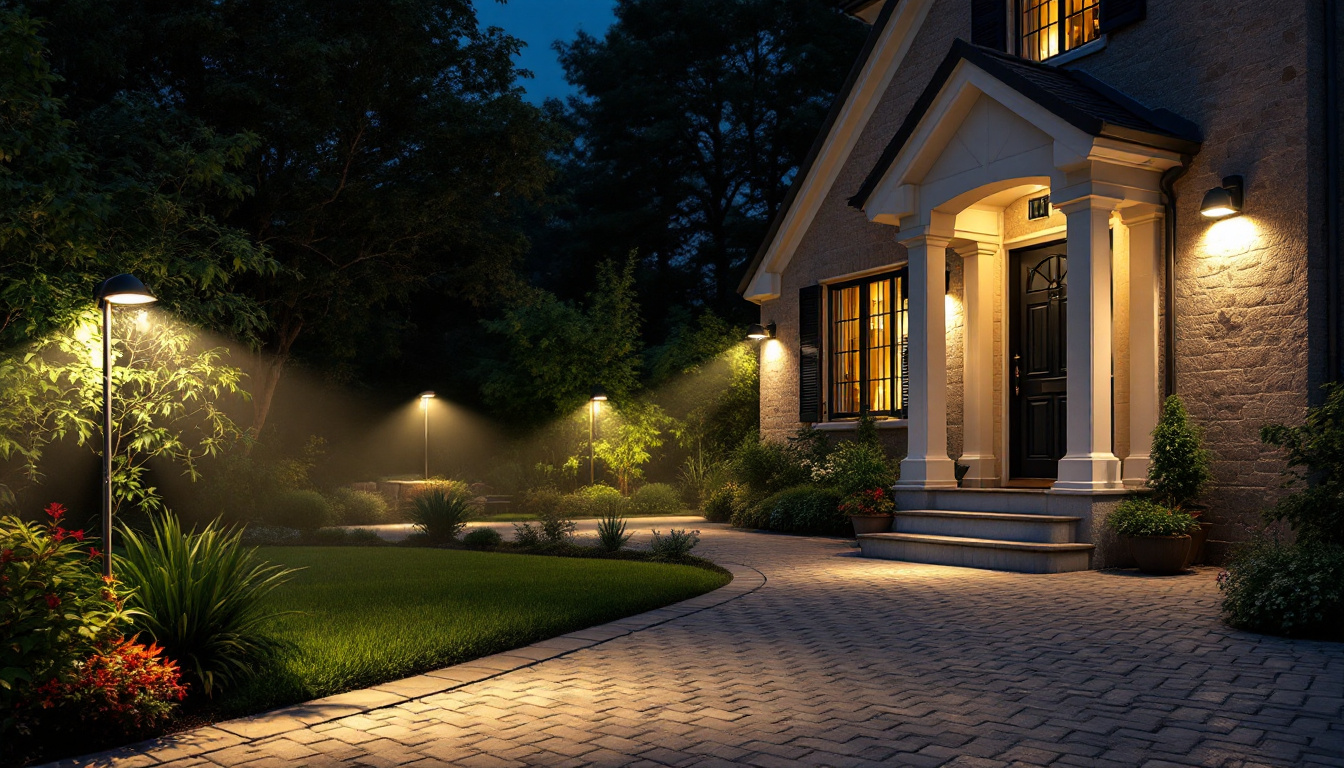 A photograph of a well-lit outdoor space featuring a variety of flood lights in use