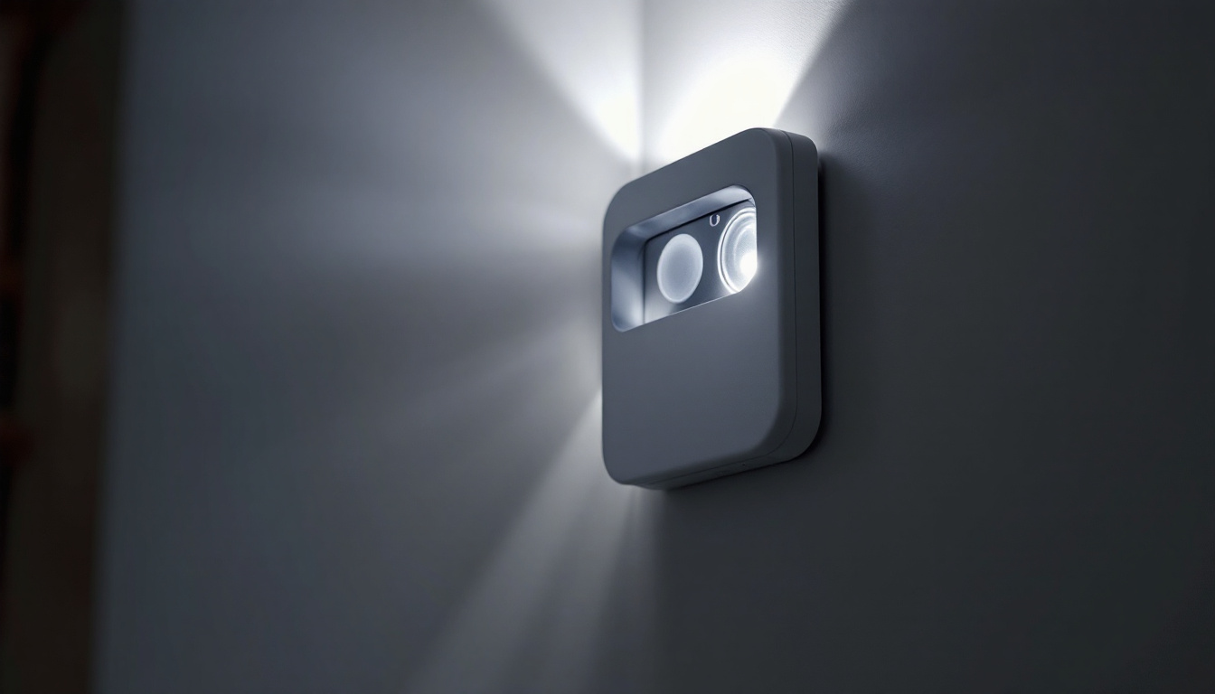 A photograph of a close-up shot of an indoor motion sensor light in action