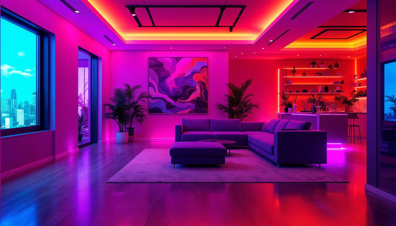 A photograph of a modern interior space showcasing vibrant rgb led lighting in various applications