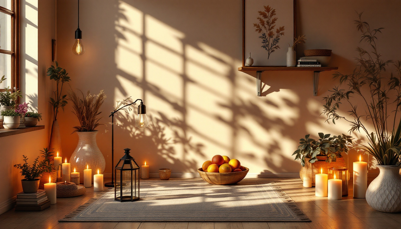 A photograph of a beautifully arranged interior space that showcases various forms of light sources—such as candles