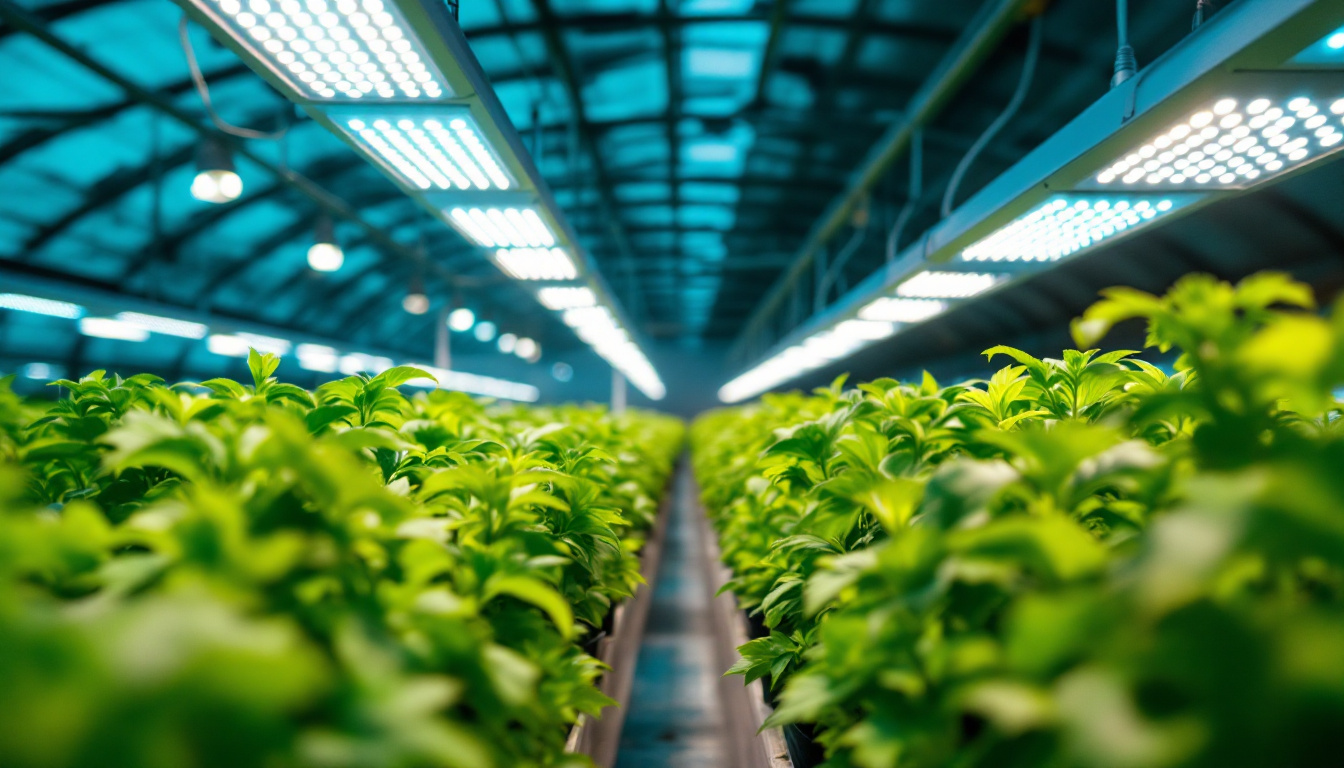 A photograph of a vibrant greenhouse interior showcasing an array of commercial grow lights illuminating healthy