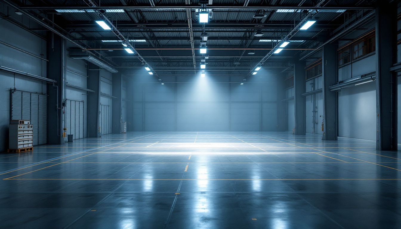 A photograph of a spacious industrial or commercial setting featuring high bay lighting in action