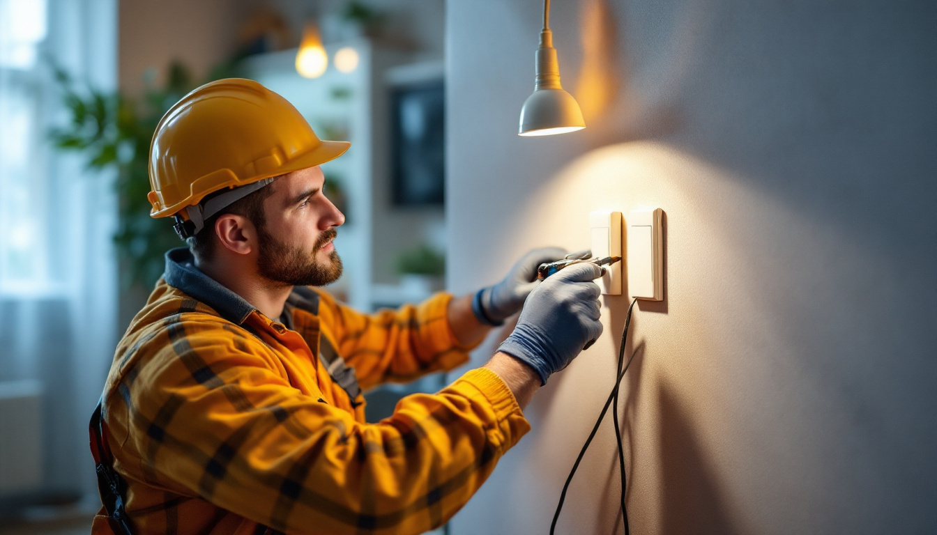 A photograph of a skilled electrician installing an electric switch in a modern home setting