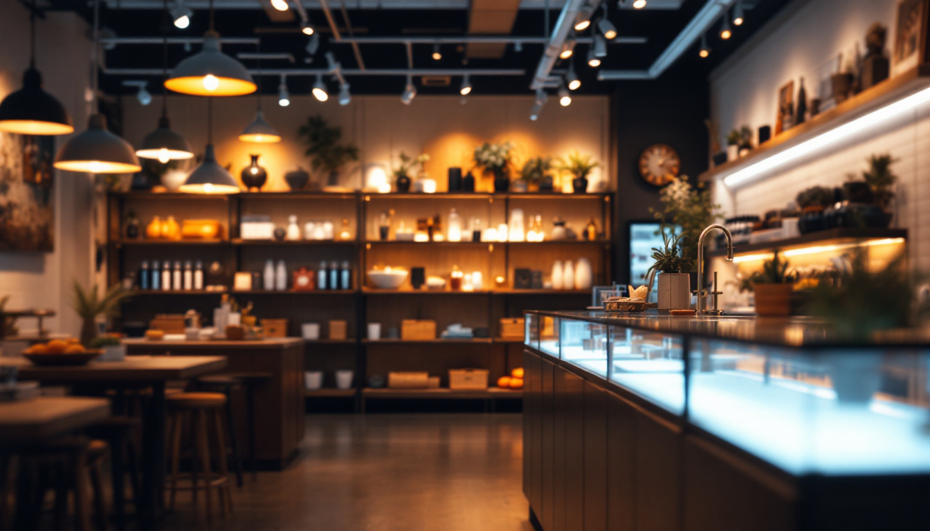 A photograph of a well-lit retail space showcasing various types of shop lighting—such as pendant lights