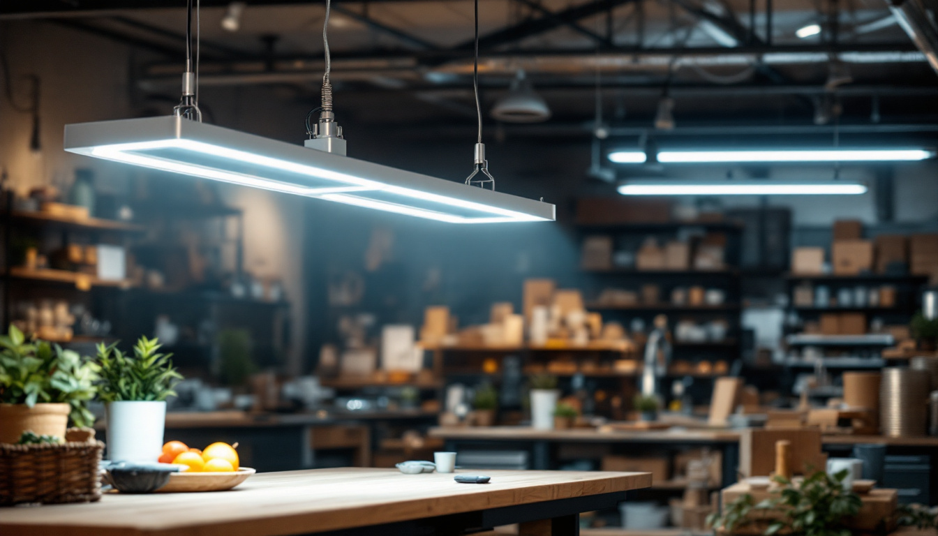 A photograph of a well-lit retail or workshop environment showcasing an 8ft led shop light fixture in action