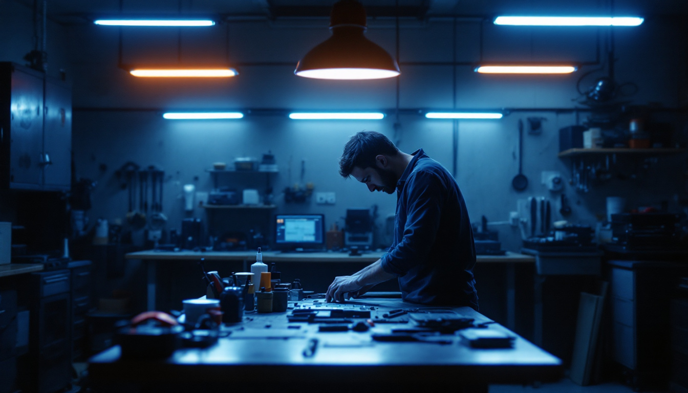 A photograph of a well-lit workshop or garage scene featuring 8 ft led shop lights illuminating the workspace