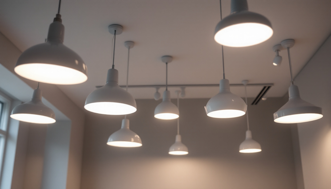 A photograph of a modern interior space featuring various styles of suspended ceiling lights in use