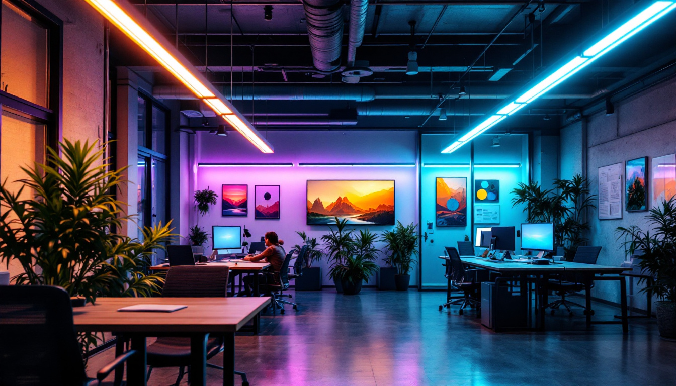 A photograph of a well-lit workspace showcasing the contrast between traditional fluorescent tube lighting and vibrant led replacements