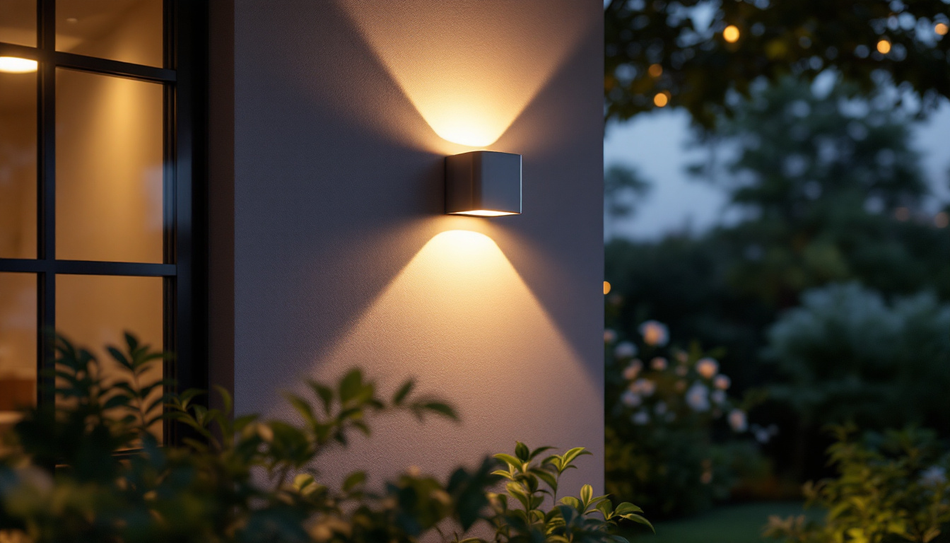 A photograph of a modern exterior wall light fixture illuminating a beautifully landscaped entrance at dusk