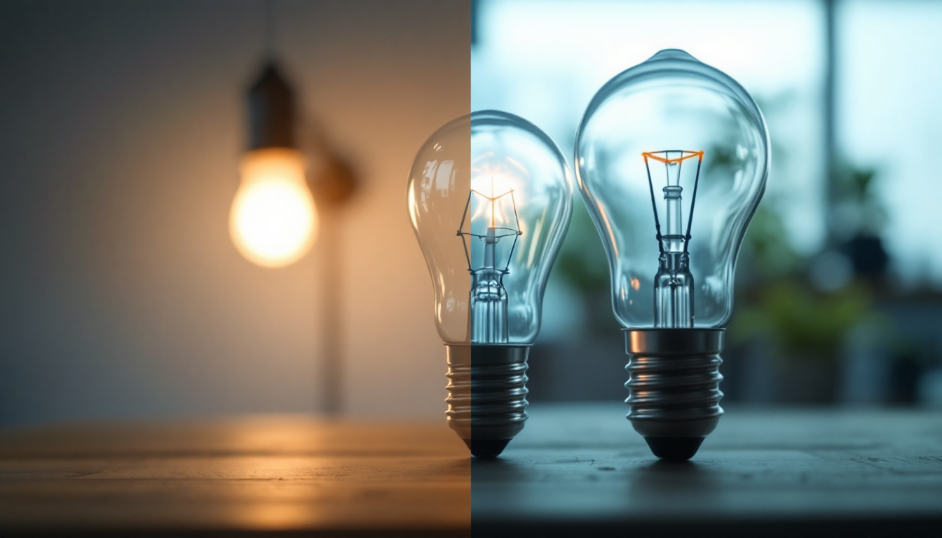 A photograph of a side-by-side comparison of a traditional fluorescent bulb and a modern led bulb