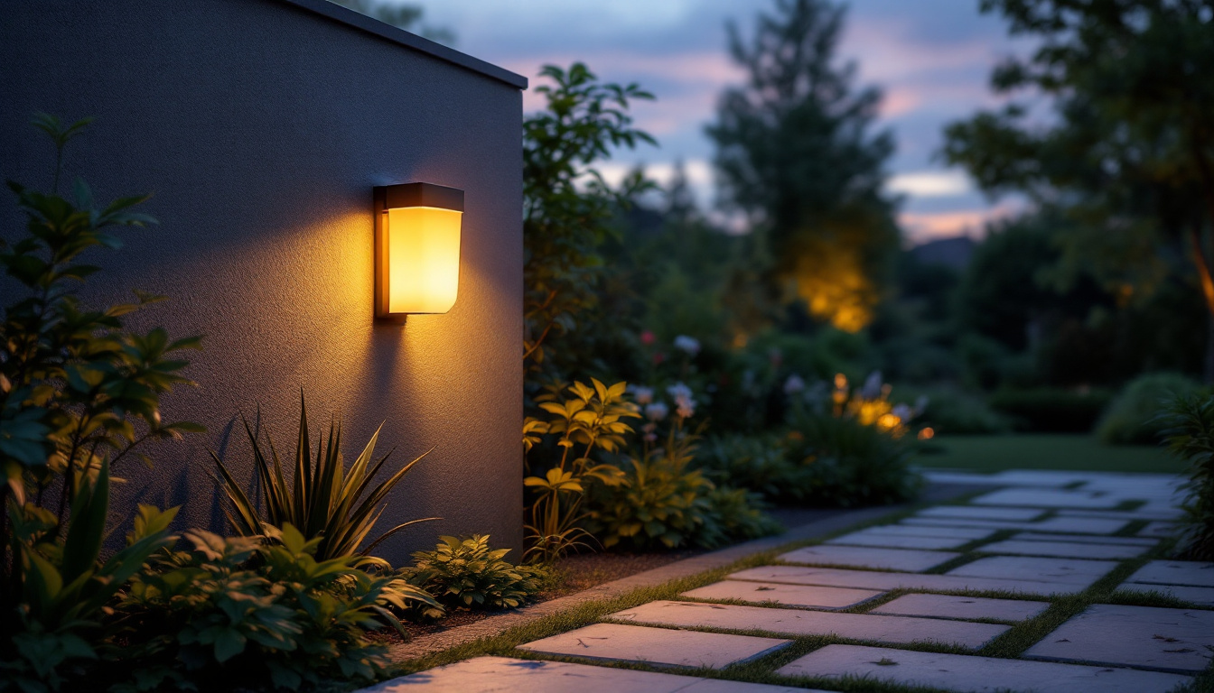 A photograph of a beautifully illuminated solar wall lamp installed in a lush outdoor setting at dusk