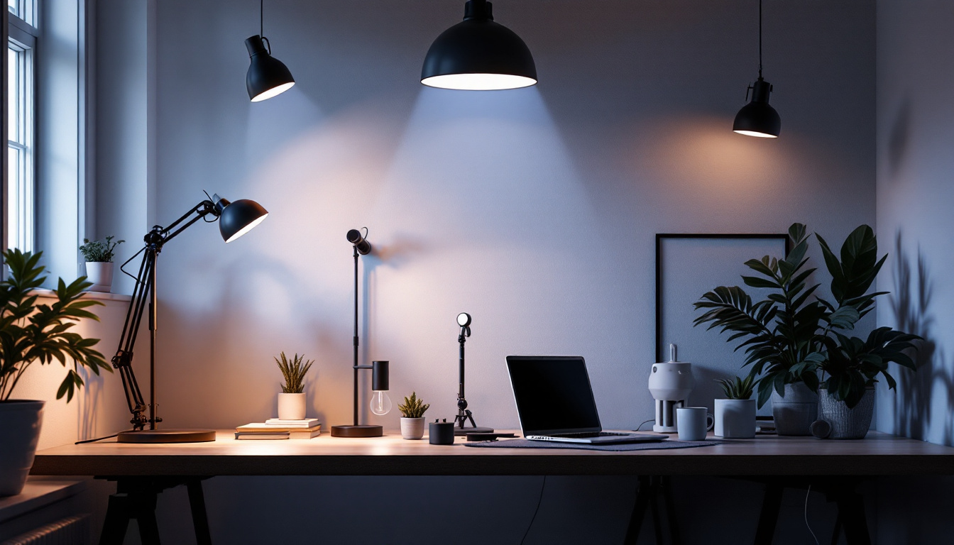 A photograph of a well-lit workspace showcasing various types of lighting ballasts alongside different light fixtures