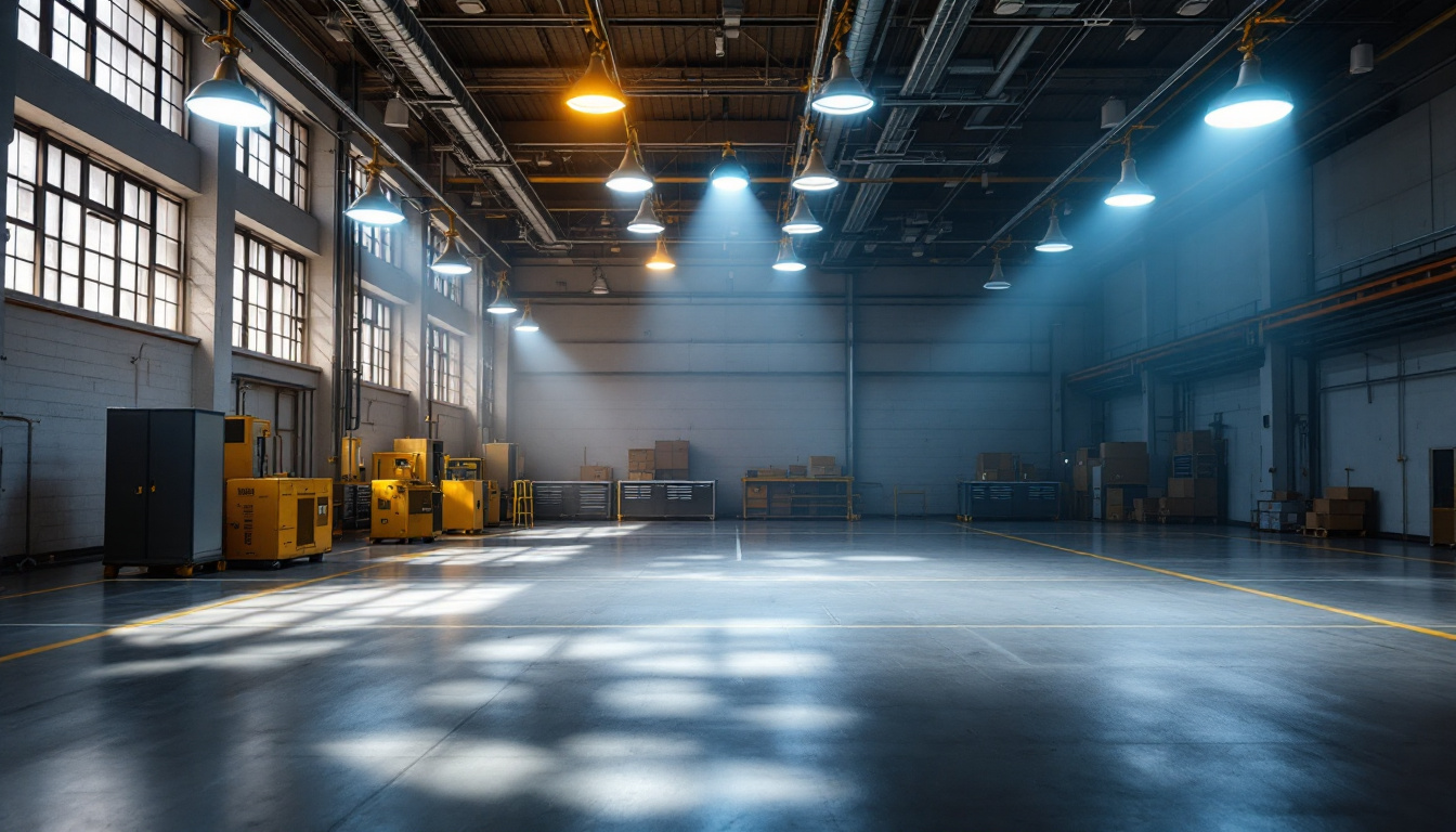 A photograph of a spacious industrial or commercial setting showcasing various high bay lights in use