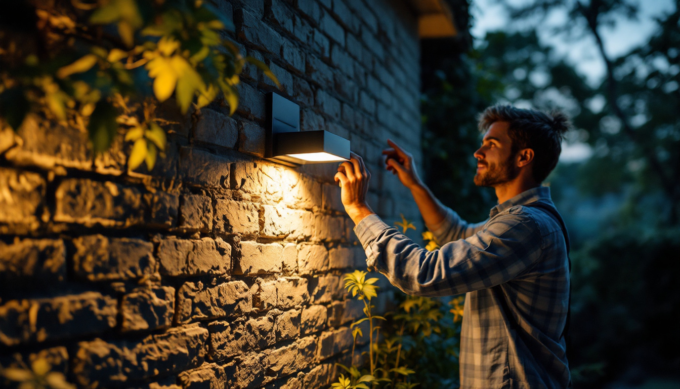 A photograph of a well-lit outdoor setting featuring a person installing a solar wall light on a garden wall