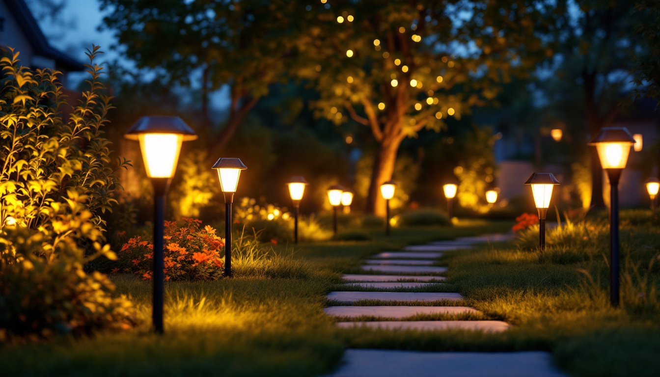 A photograph of a beautifully illuminated outdoor space featuring solar-powered led lights in various applications