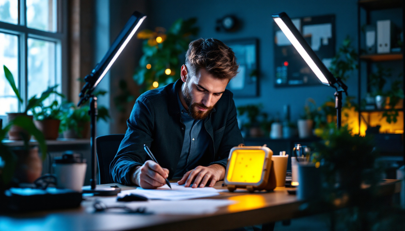 A photograph of a dynamic workspace scene where a professional is using portable lighting solutions to enhance their productivity