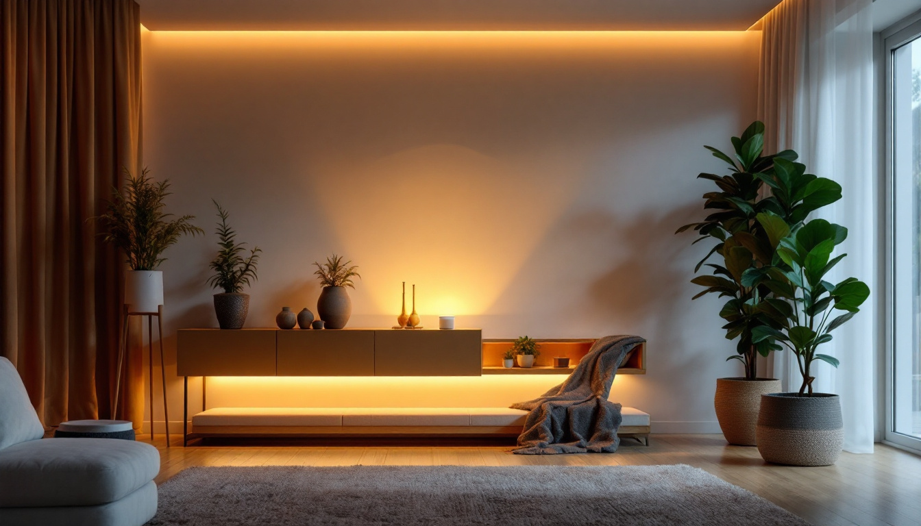 A photograph of a modern living space illuminated by warm