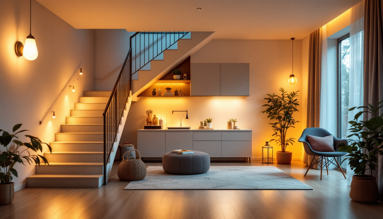 A photograph of a well-lit home interior showcasing various lighting fixtures that create a warm