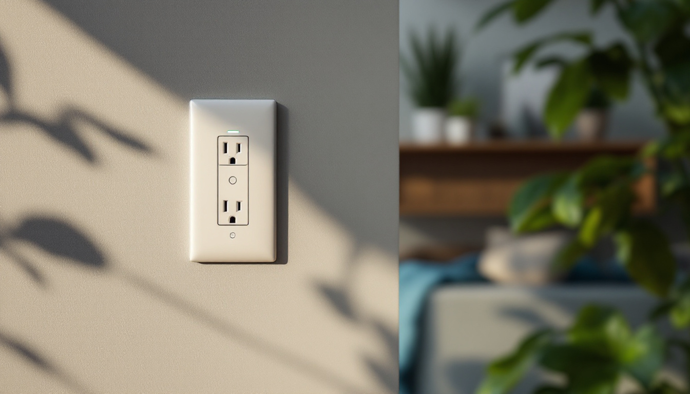 A photograph of a modern wall outlet with smart technology features