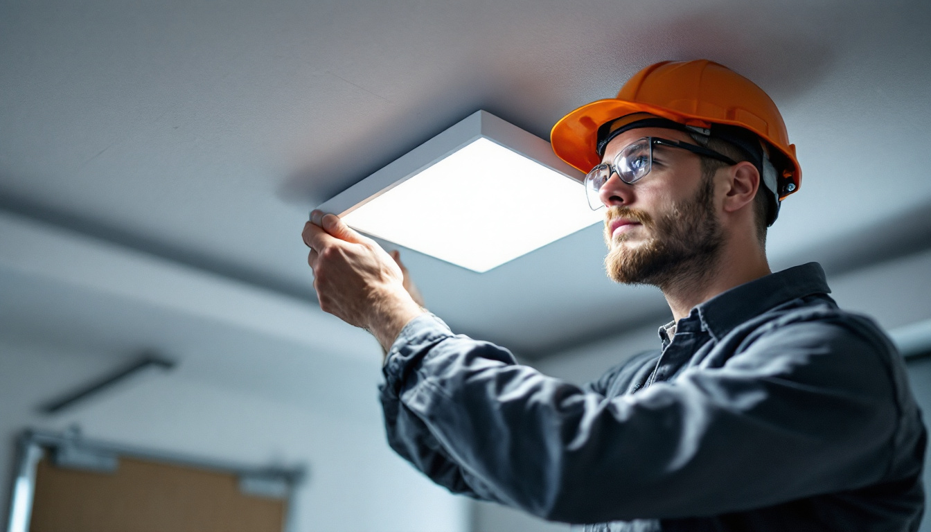 A photograph of a skilled electrician installing a troffer light in a commercial space