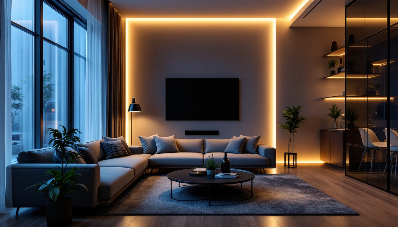 A photograph of a stylish modern living room featuring recessed can lighting that highlights the space's sleek design