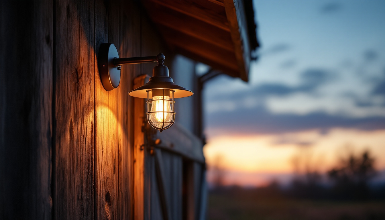 A photograph of a beautifully designed exterior barn light fixture illuminating a rustic barn setting at dusk