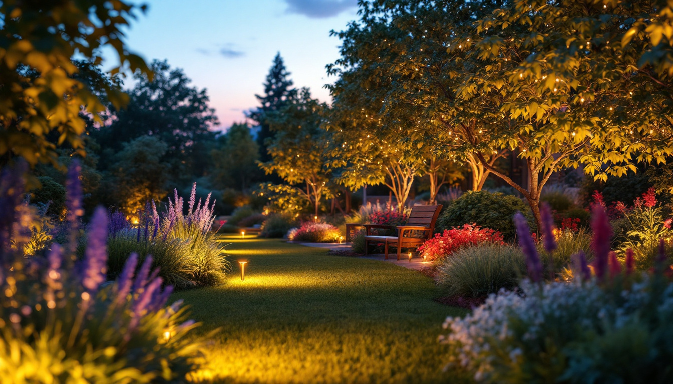 A photograph of a beautifully illuminated outdoor space featuring energy-efficient led lights that highlight sustainable landscaping