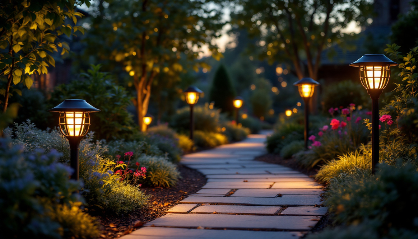 A photograph of a beautifully illuminated garden walkway at dusk