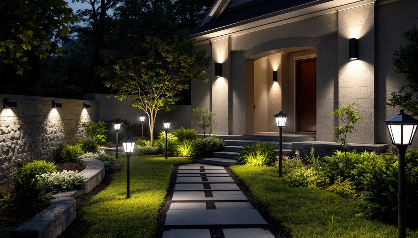 A photograph of a well-lit outdoor space featuring a variety of security lighting options