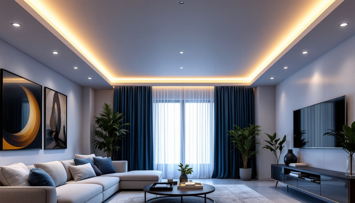 A photograph of a beautifully designed modern living space featuring sleek recessed ceiling lighting