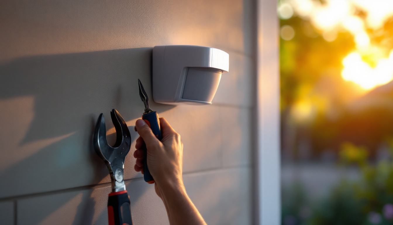 A photograph of a technician or homeowner installing an outdoor motion detector on a wall or post