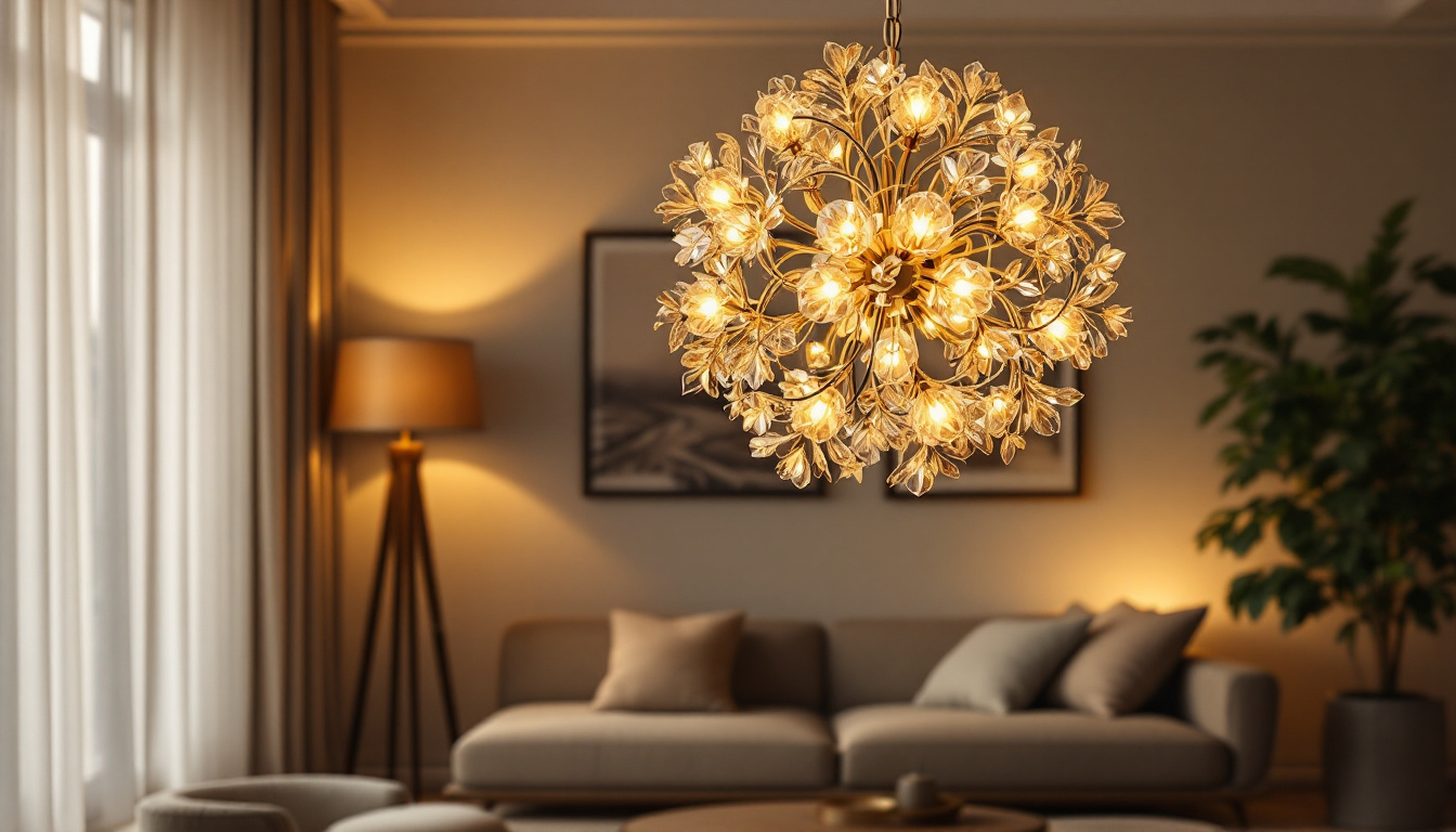 A photograph of a beautifully designed chandelier and a stylish lamp in a well-lit