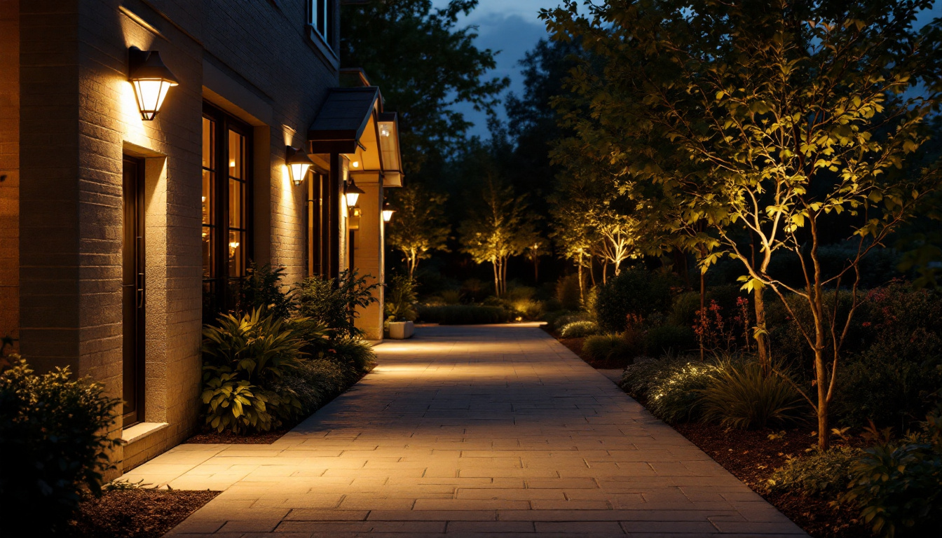 A photograph of a well-lit outdoor area featuring motion-activated lights illuminating pathways and entry points